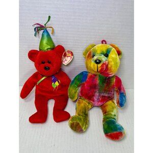 Ty Beanie Babies Lot of 2 Happy Birthday Bear 2006 + Rainbow Multicolor Bear
